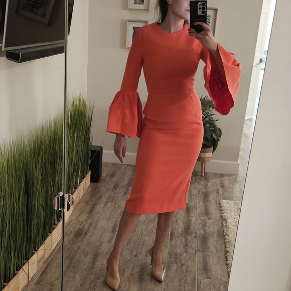 Roksanda MARGOT Crepe Dress Bell Sleeves Fitted Coral Pink size 10 (fits us 6) - Picture 10 of 10
